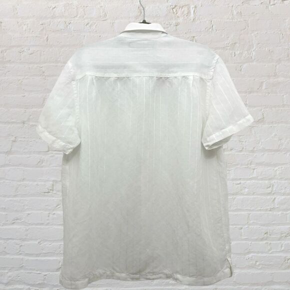 Perry Ellis Linen Shirt L White Striped Short Sleeve Button Down Men's Casual - Picture 3 of 9